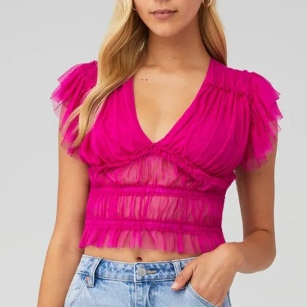 Free People Making Me Smile Ruched Mesh Top - Pink - SZ M - NWT